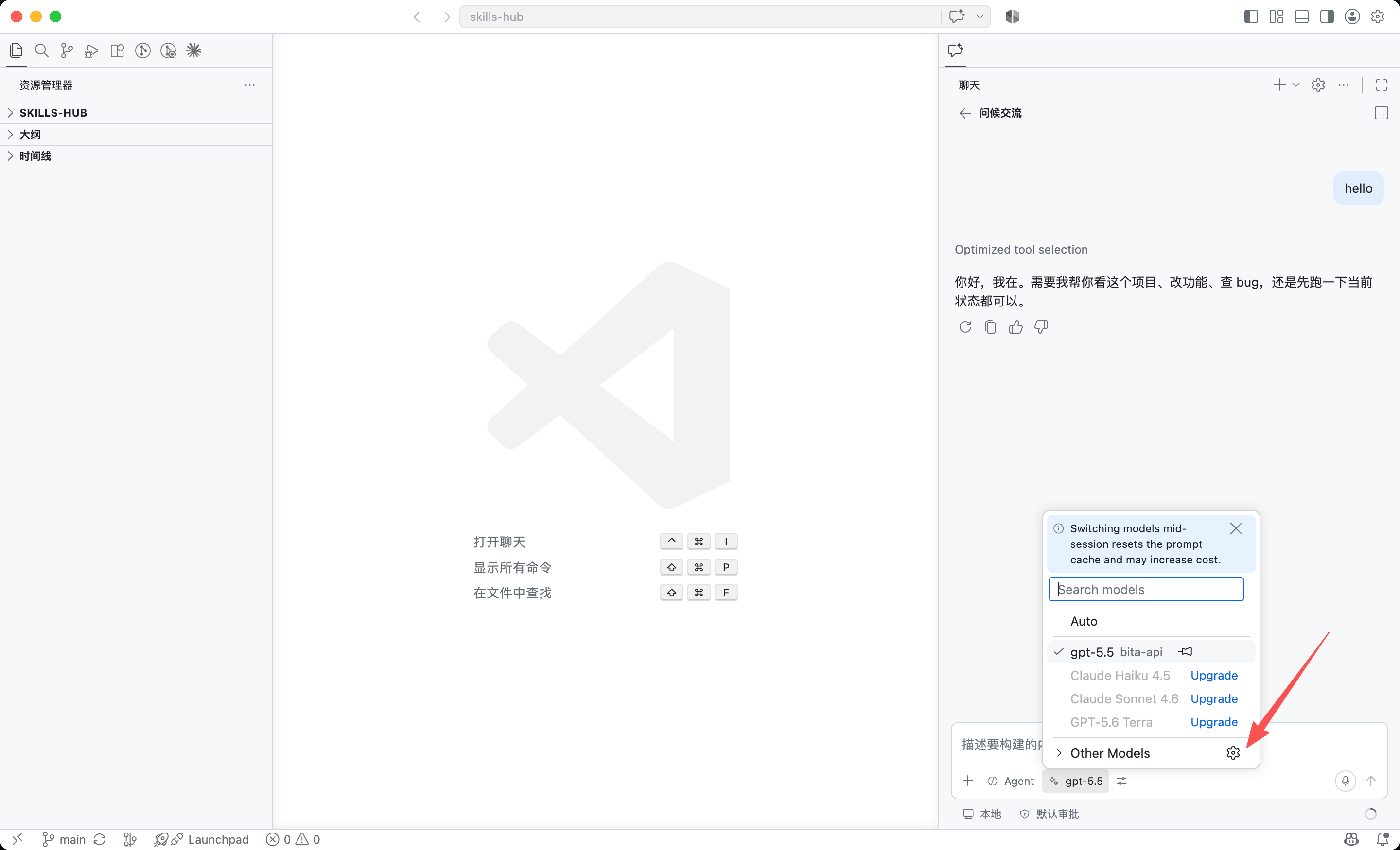 从 VS Code Chat 模型选择器进入管理语言模型